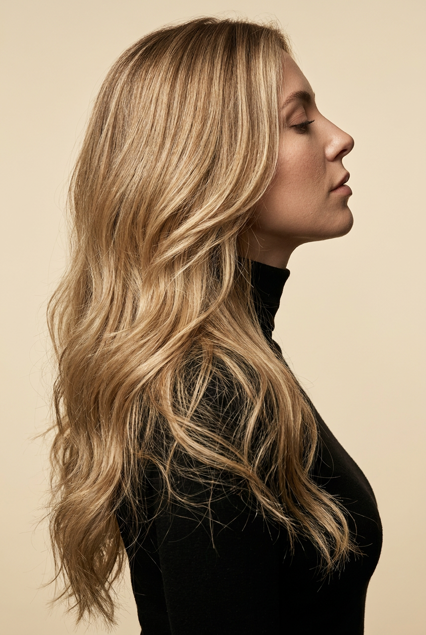 Long wavy blonde topper, profile view
