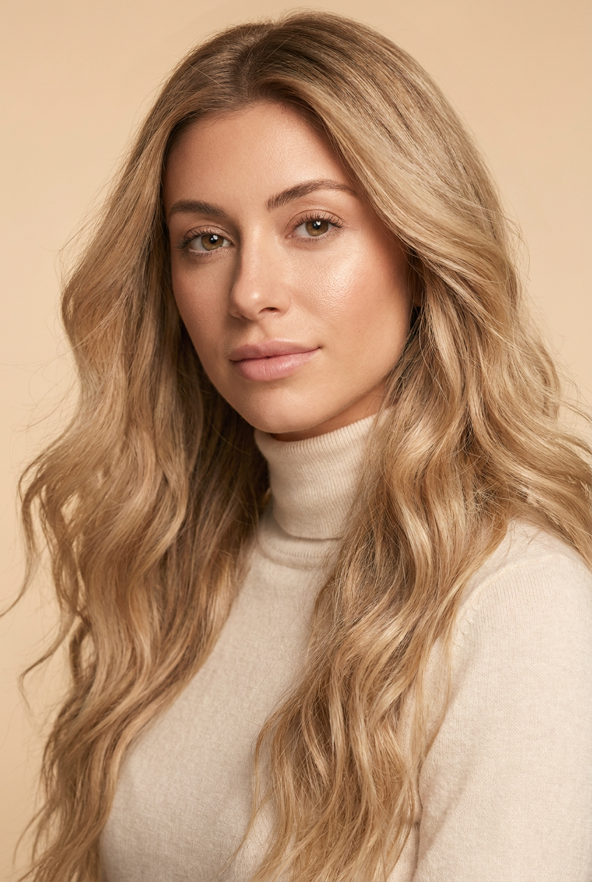 Honey blonde wavy hair on cream backdrop
