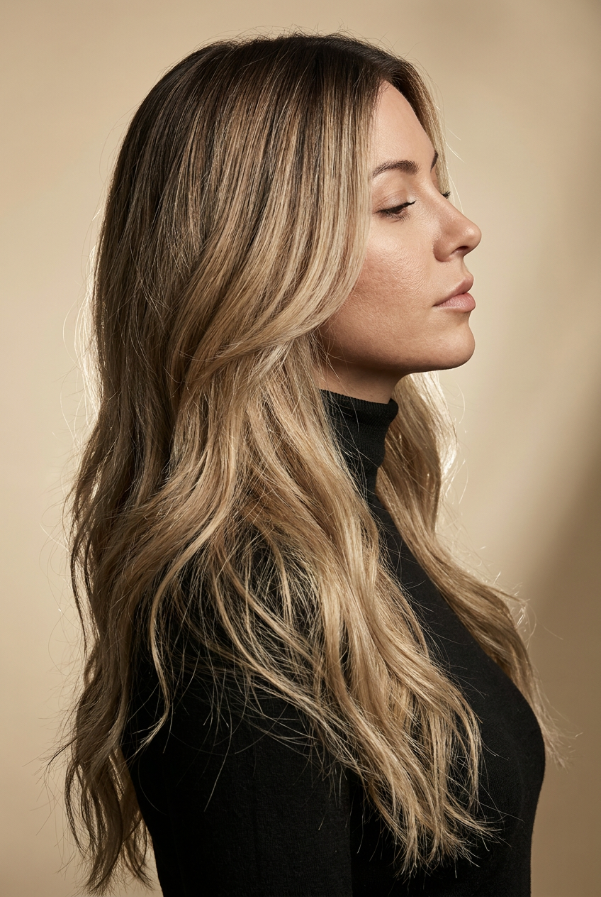 Bronde balayage waves in profile